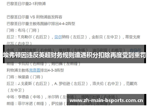 埃弗顿因违反英超财务规则遭遇积分扣除再度受到重罚